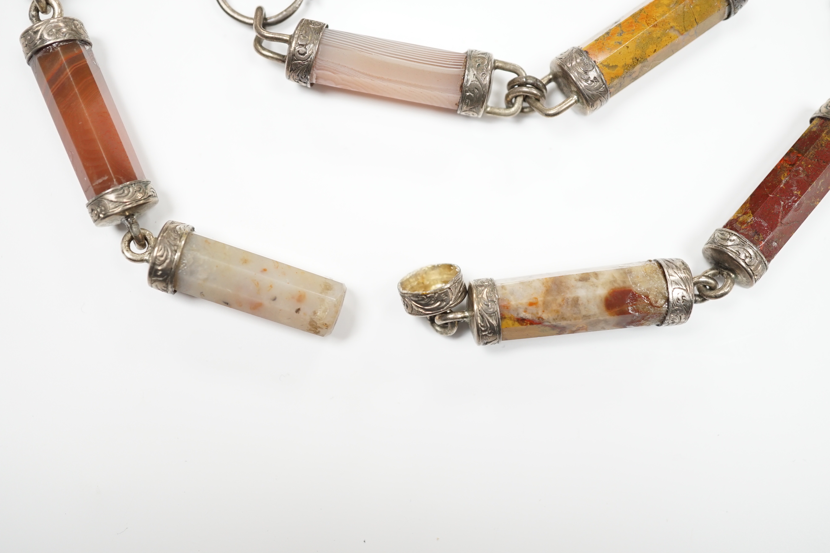 A white metal and Scottish hardstone set necklace, 45cm.